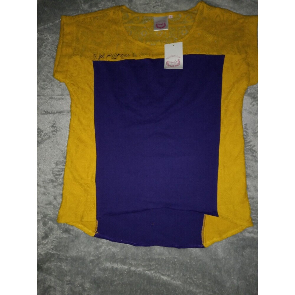 Vintage Women's Crocheted Yellow Purple LSU Blouse Short Sleeve Size Sm